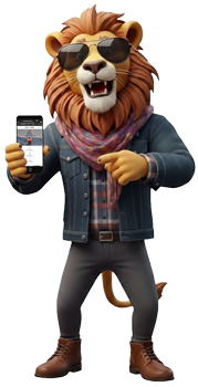 Der Löwe zeigt auf das Smartphone mit dem neuen Shop